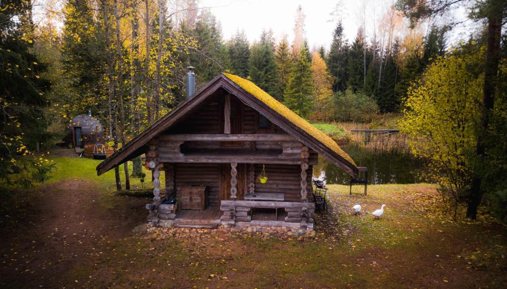 eine kleine Blockhütte mit Hühnern um sie herum in der Unterkunft Soesauna Farmstay in Vetla