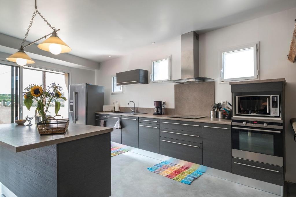 a kitchen with stainless steel appliances and a counter at Maison de 5 chambres avec piscine privee terrasse amenagee et wifi a La Digne d'Aval in La Digne-dʼAval