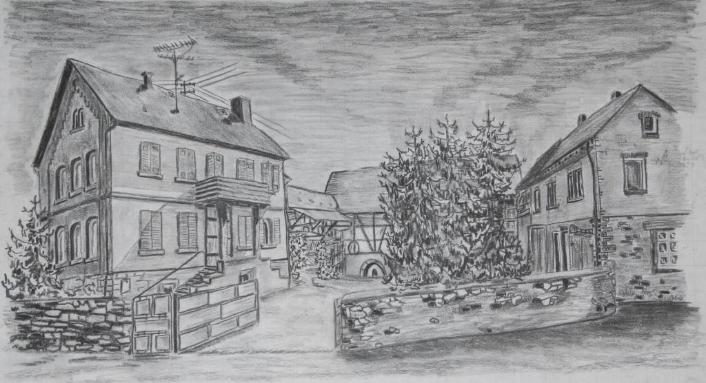 a drawing of a village with two houses at Gästehaus Iwwerdorfer Hof in Büdingen