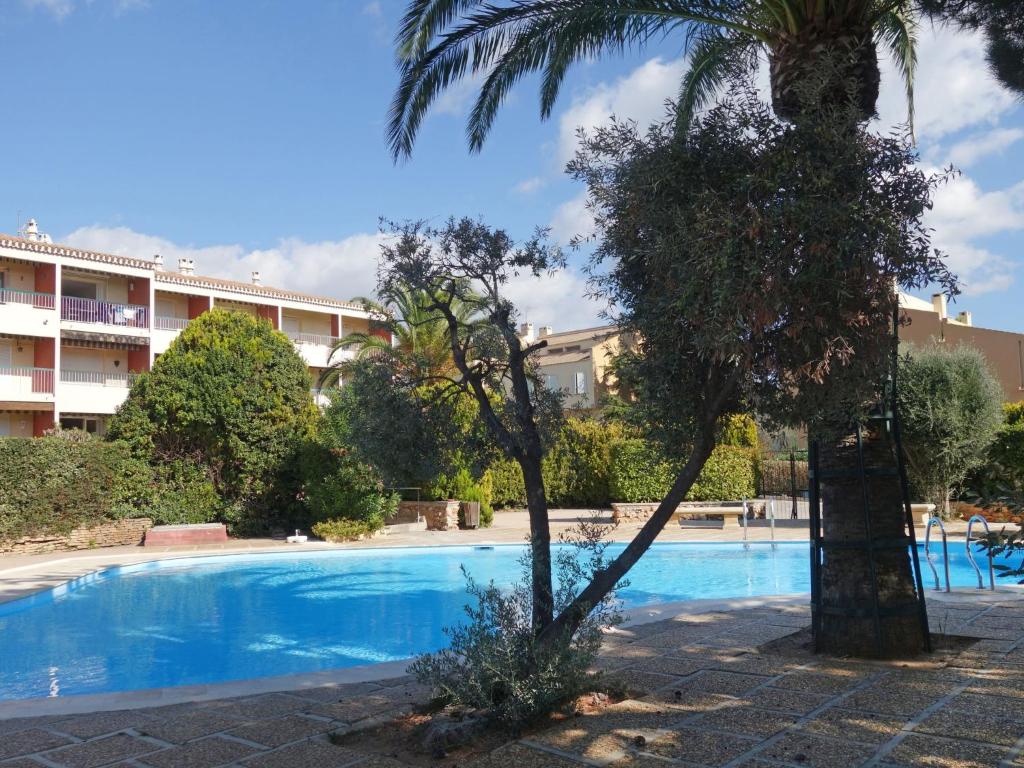 una piscina con una palmera y un edificio en Apartment Hameau de Provence by Interhome, en Bandol