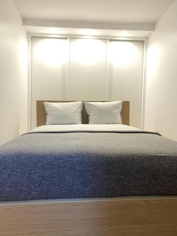 ein Schlafzimmer mit einem großen Bett mit zwei Kissen in der Unterkunft Montparnasse Cozy Flat in Paris