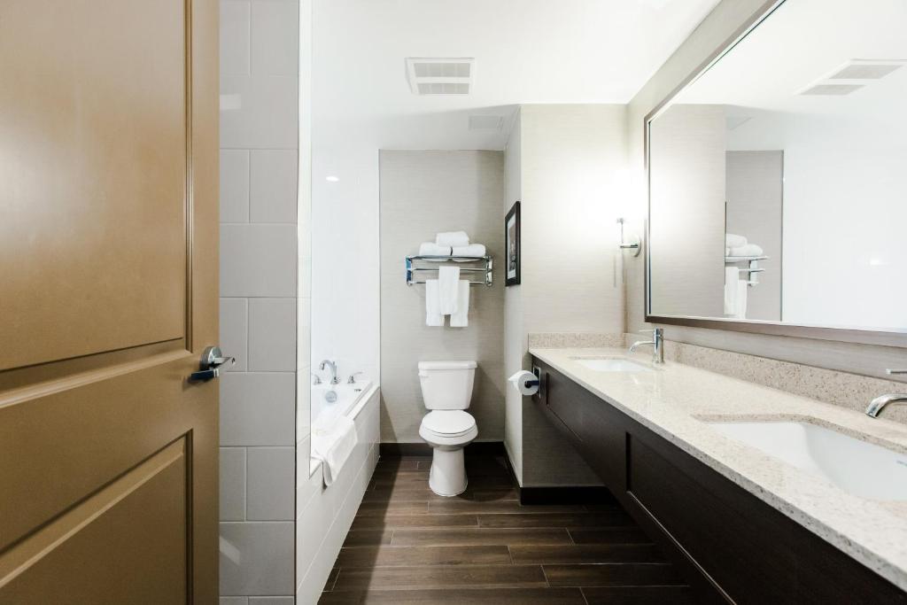a bathroom with a toilet and a sink and a mirror at Holiday Inn Express & Suites Spruce Grove - Stony Plain by IHG in Spruce Grove
