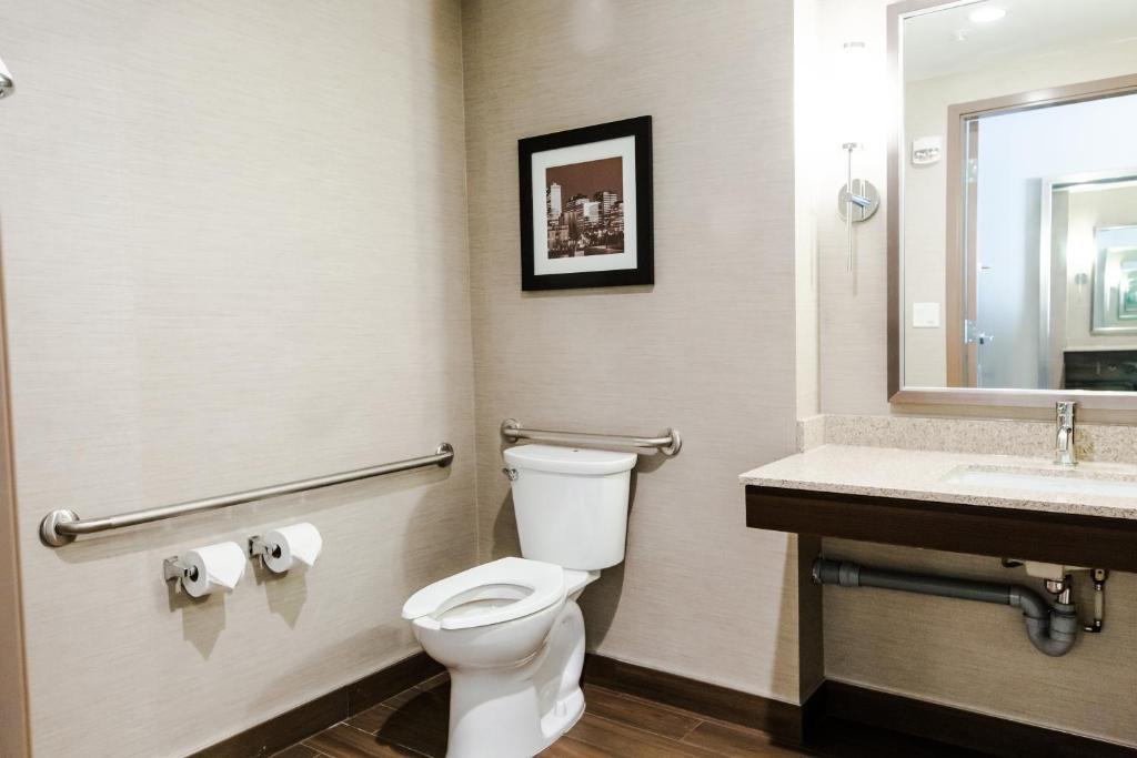 a bathroom with a toilet and a sink and a mirror at Holiday Inn Express & Suites Spruce Grove - Stony Plain by IHG in Spruce Grove