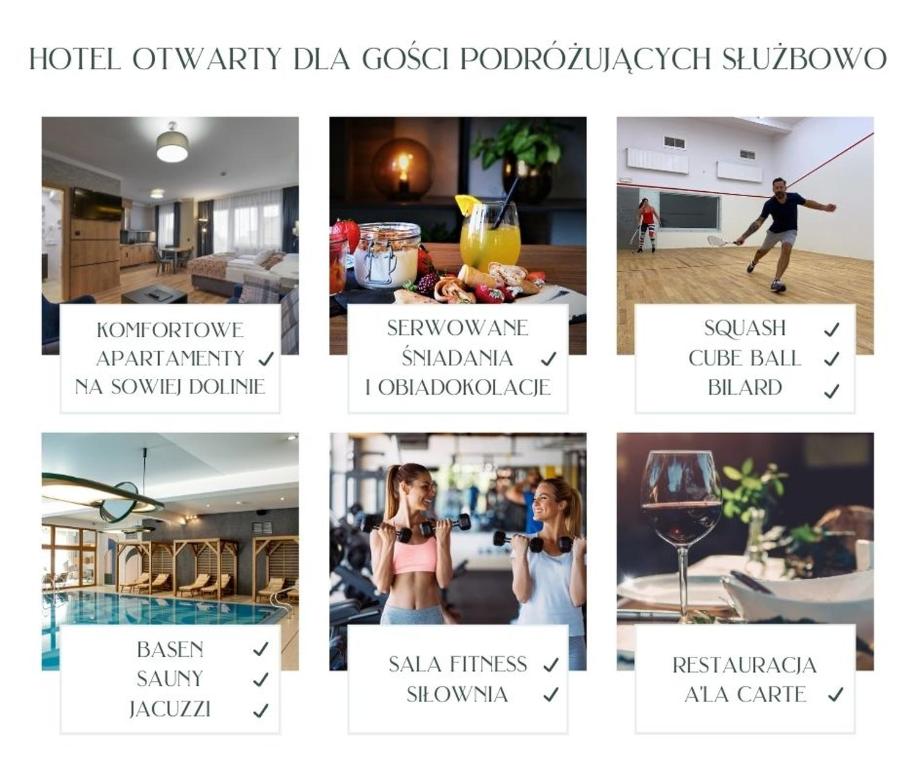 a collage of photos of people in a living room at Artus Resort in Karpacz