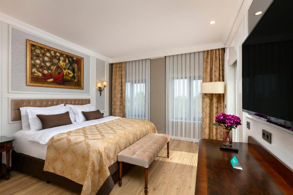 a bedroom with a large bed and a television at Pukka Hotel in Antalya