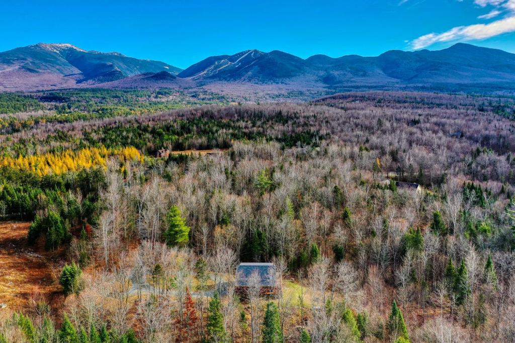 an open field with trees and mountains in the background at Private Franconia Log Cabin in Franconia