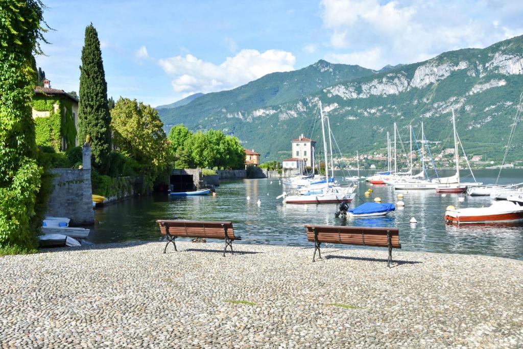 two benches sitting next to a body of water with boats at Bellagio Pescallo Guesthouse in Bellagio