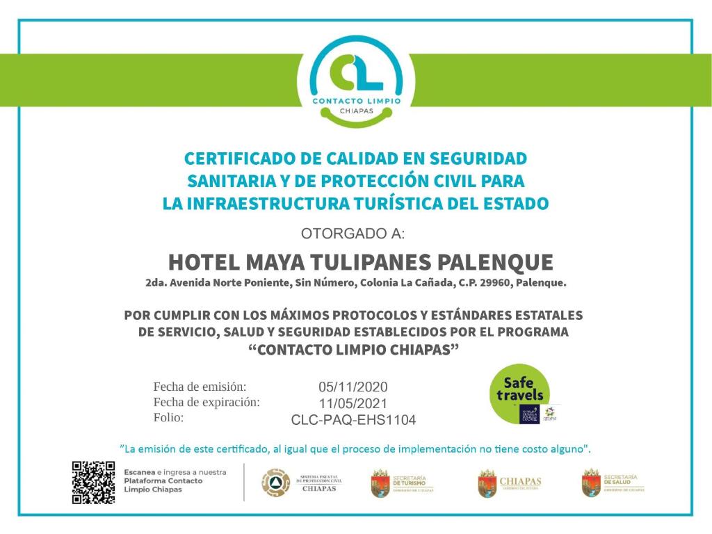 Certifikát, hodnocení, plakát nebo jiný dokument vystavený v ubytování Hotel Maya Tulipanes Palenque