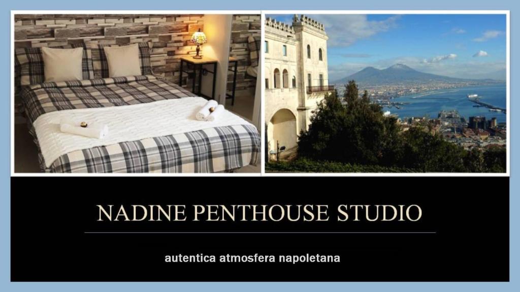 een collage van twee foto's van een bed en een gebouw bij Nadine Penthouse Studio in Napels