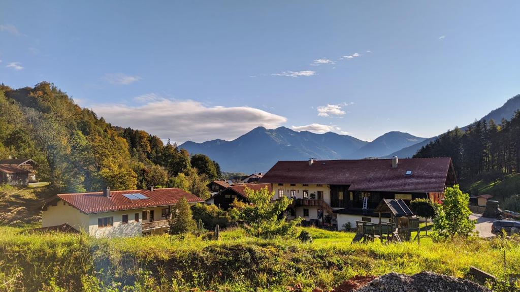 a house in a field with mountains in the background at Naturrefugium mit Sauna und Bergbach in Schleching
