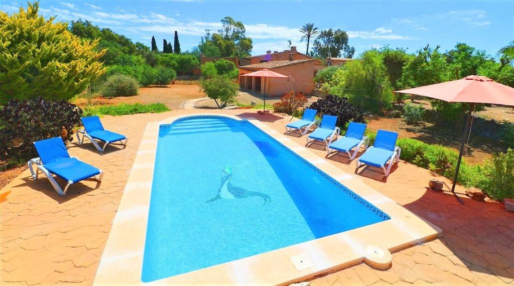 een zwembad met ligstoelen en een zwembad bij Finca Can Cova 413 by Mallorca Charme in Llombarts