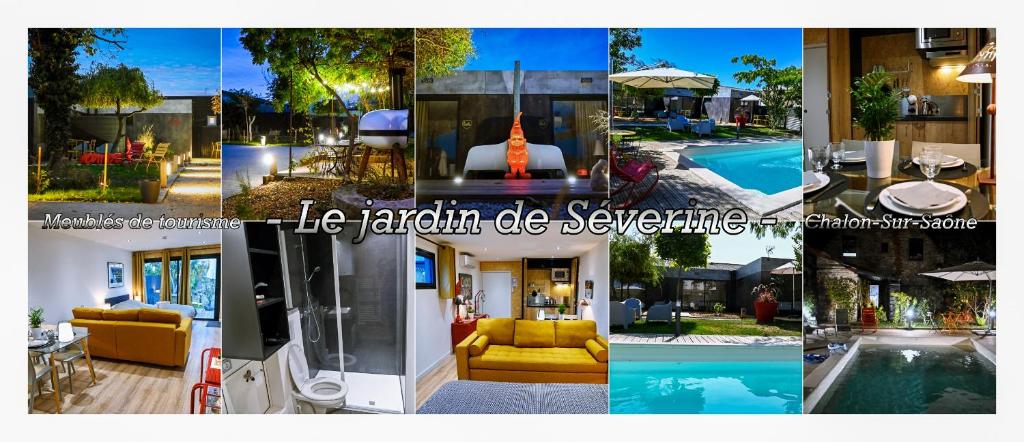 un collage de photos d'une maison avec une piscine dans l'établissement Le jardin de Séverine, à Chalon-sur-Saône