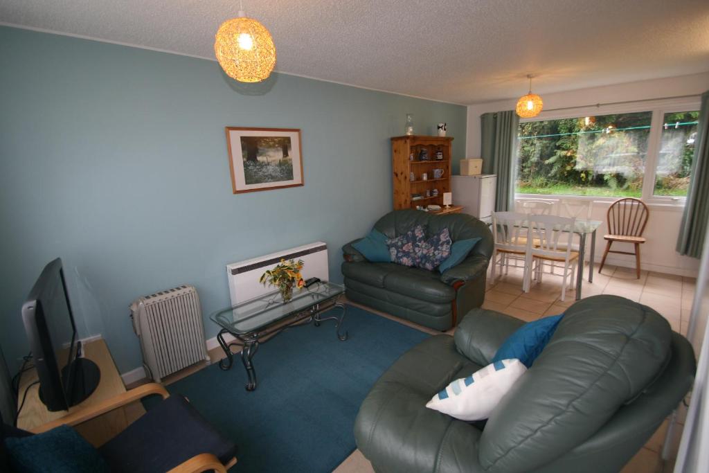 a living room with a leather couch and a television at Freshwater Bay Holiday Cottages in Pembroke