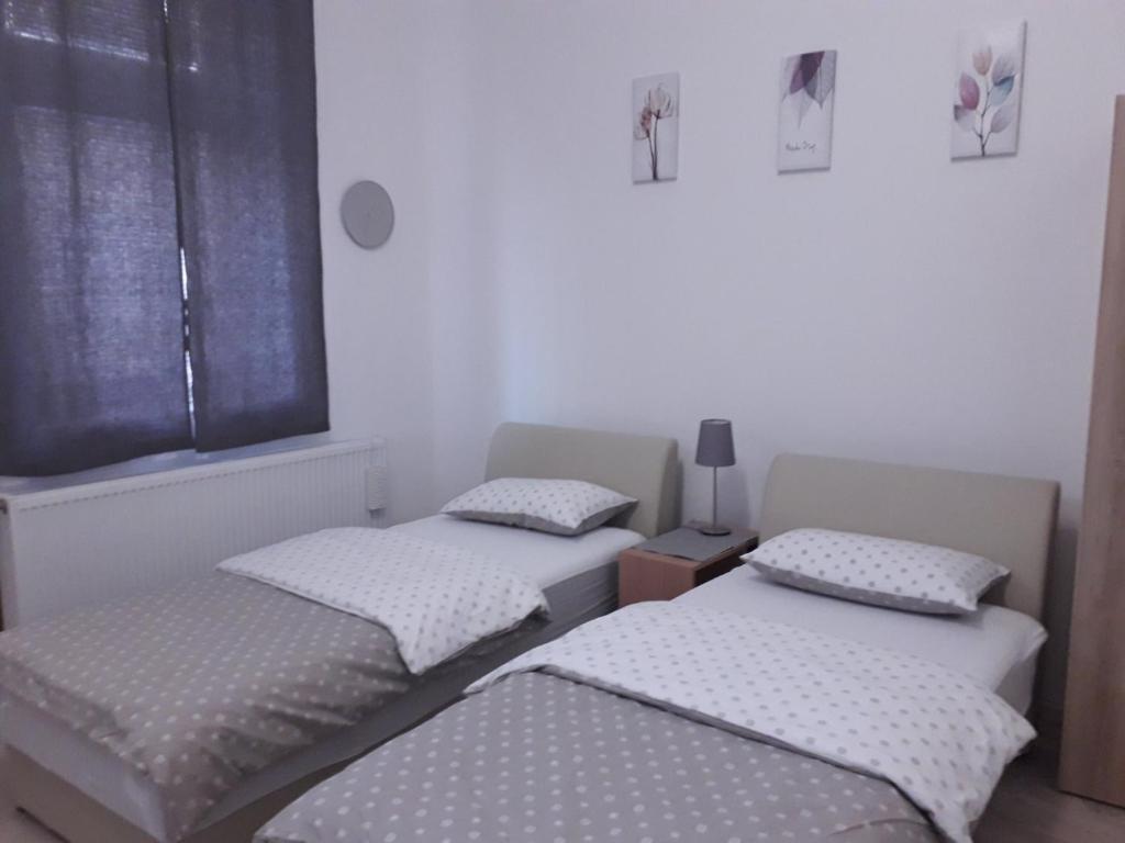 two twin beds in a room with a window at Studio apartman Ela in Travnik