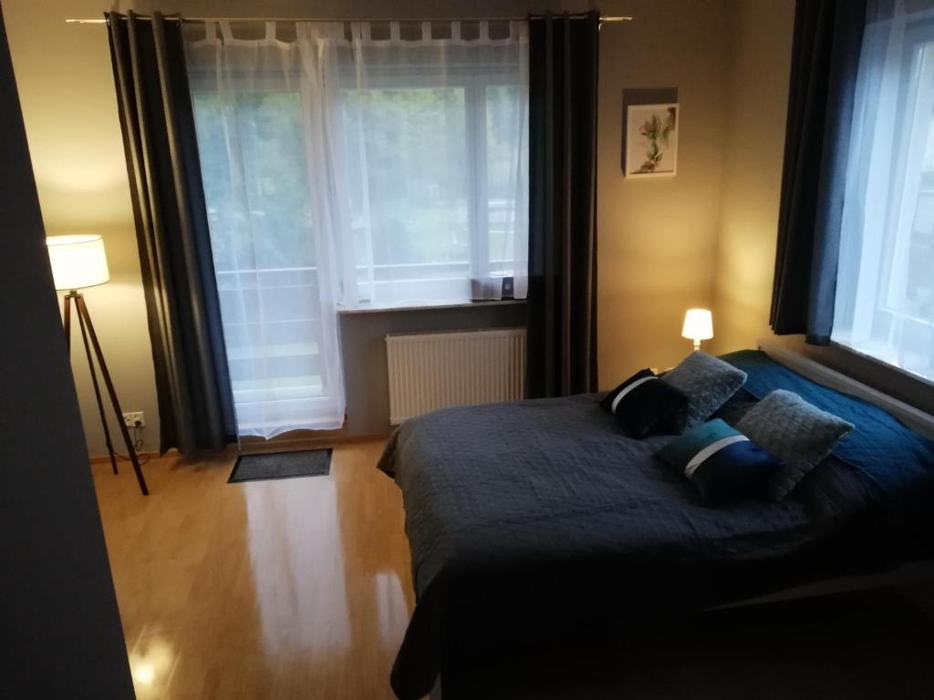 a bedroom with a bed with two pillows and two windows at Apartament nad Gorczańskim Strumieniem in Koninki