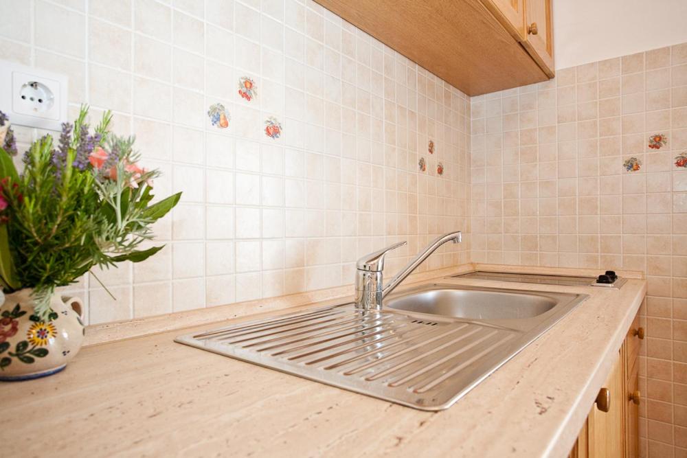 blat kuchenny ze zlewem i wazonem kwiatów w obiekcie Apartments Mato w Krku