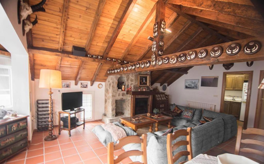 Una sala de estar con un sofá y una chimenea. en IMEDA DÚPLEX El MADROÑO, en Sierra Nevada