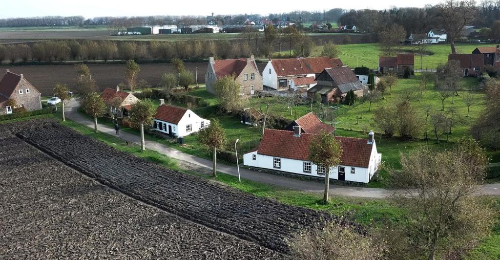 een luchtzicht op een dorp met huizen en een veld bij 8 Jonkvrouw Geilstraat in Sluis