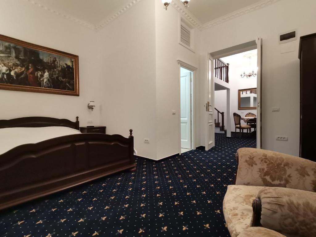 布拉索夫的住宿－Weiss Little Palace，配有一张床和一把椅子的酒店客房