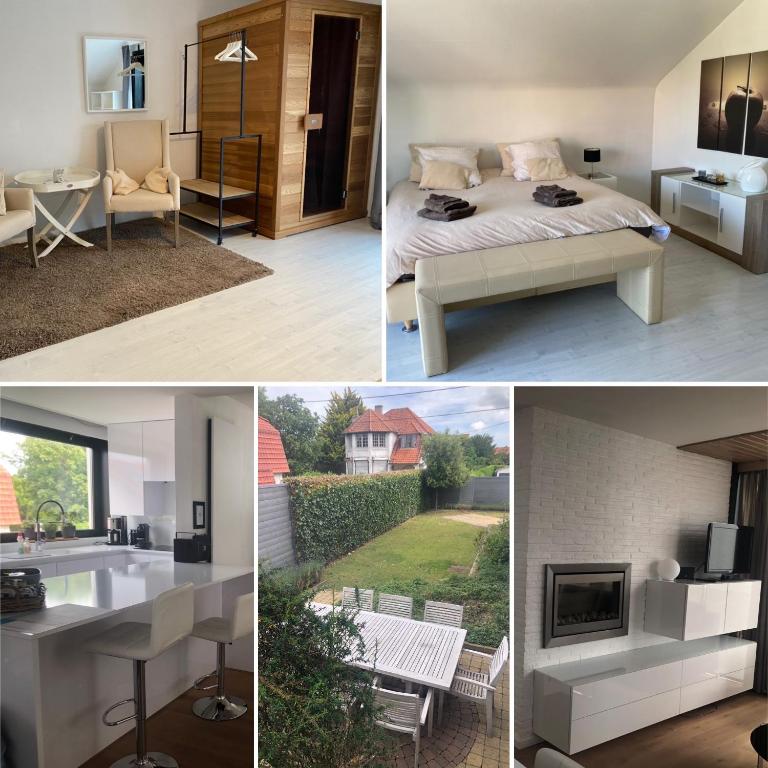 een collage van foto's van een slaapkamer en een bed bij Villa Georges met tuin en sauna in Koksijde