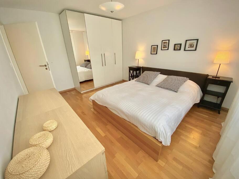 a bedroom with a large bed and a large mirror at Good location, spacious, comfortable and bright!! in Lausanne