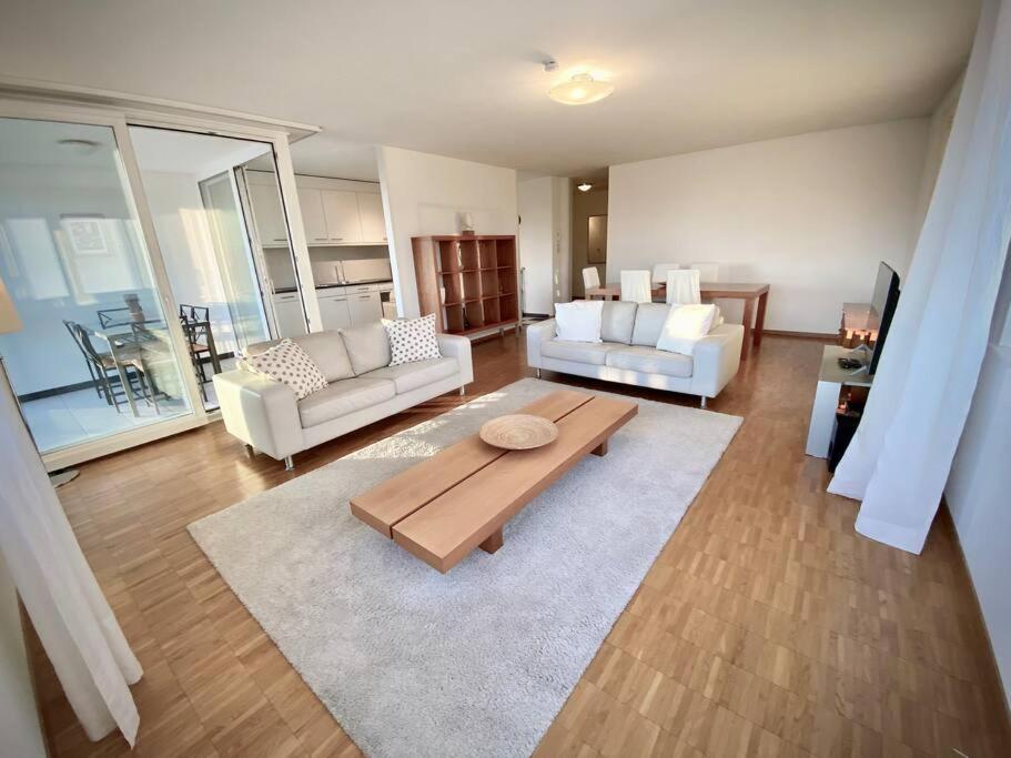 sala de estar con sofá y mesa de centro en Your bright and spacious apartment by the lake en Lausana