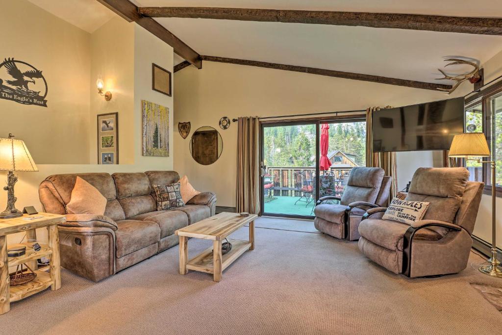 a living room with a couch and two chairs at Walk to Town: Updated Frisco Cabin w/ 2 Decks! in Frisco