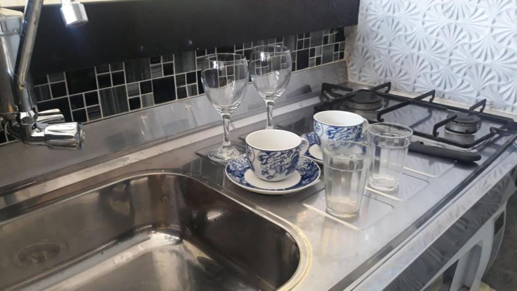 um balcão de cozinha com um lavatório e copos de vinho em Kitnet na Rua Sapucai em Belo Horizonte