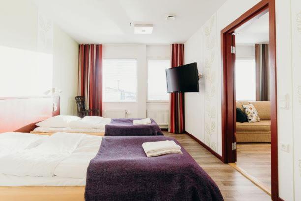 サロにあるHotel Saloraのベッド2台と鏡が備わるホテルルームです。