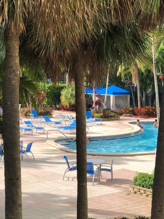 una piscina con mesas, sillas y palmeras en The Blue Island, en Miami Beach