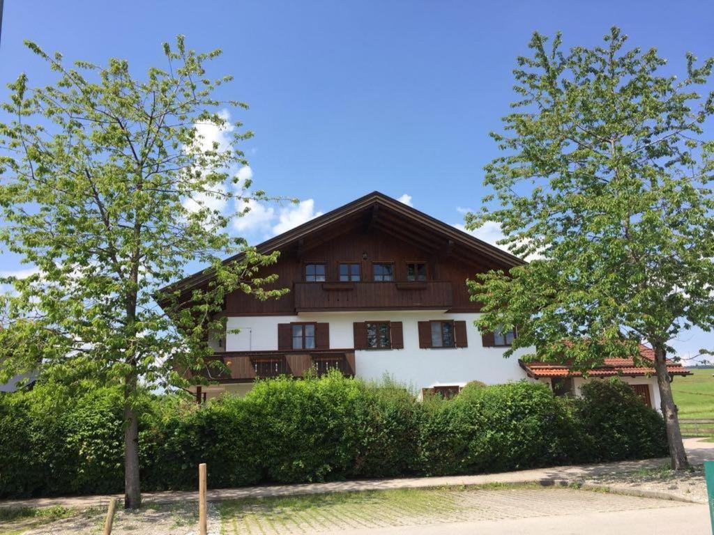 a large wooden house with trees in front of it at Appartement Hildegard in Rieden am Forggensee