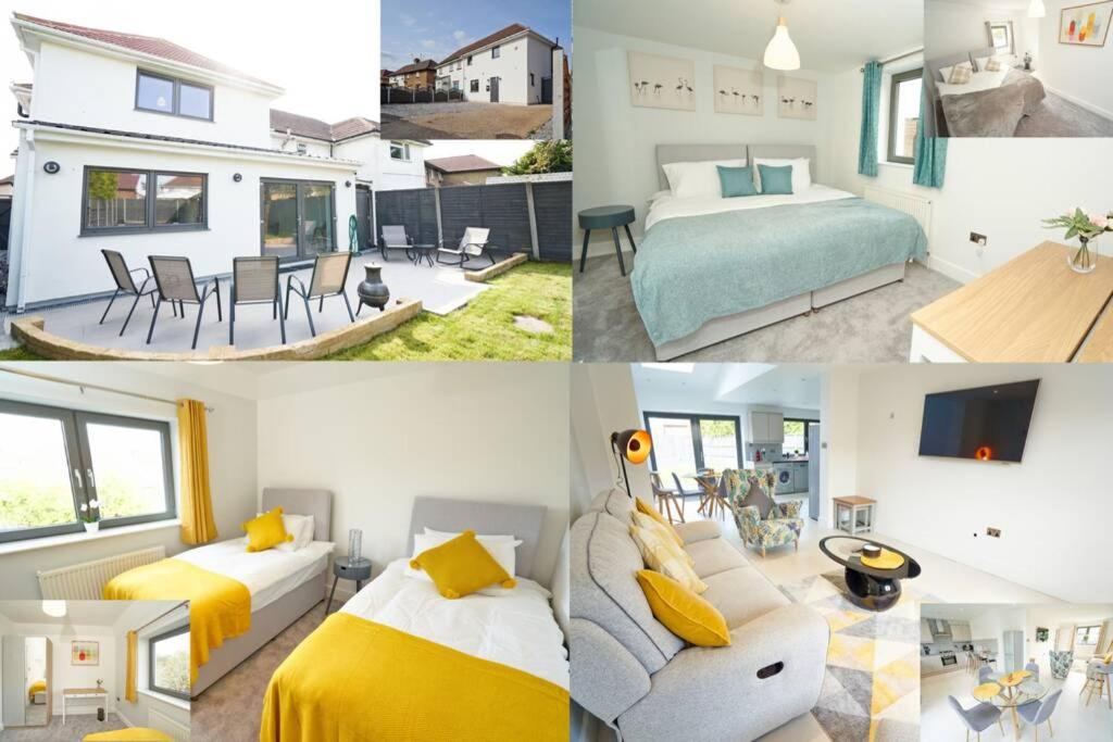 een collage van foto's van een slaapkamer en een woonkamer bij Home from home - 4 Double Bed House with Parking in Slough