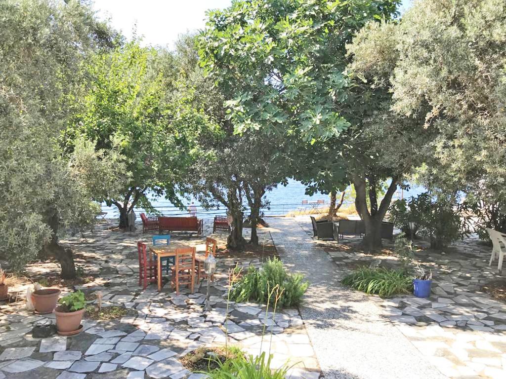ada-art guesthouse design rooms next to beach في مرمرة أداسي: حديقة فيها اشجار وطاولة وكراسي