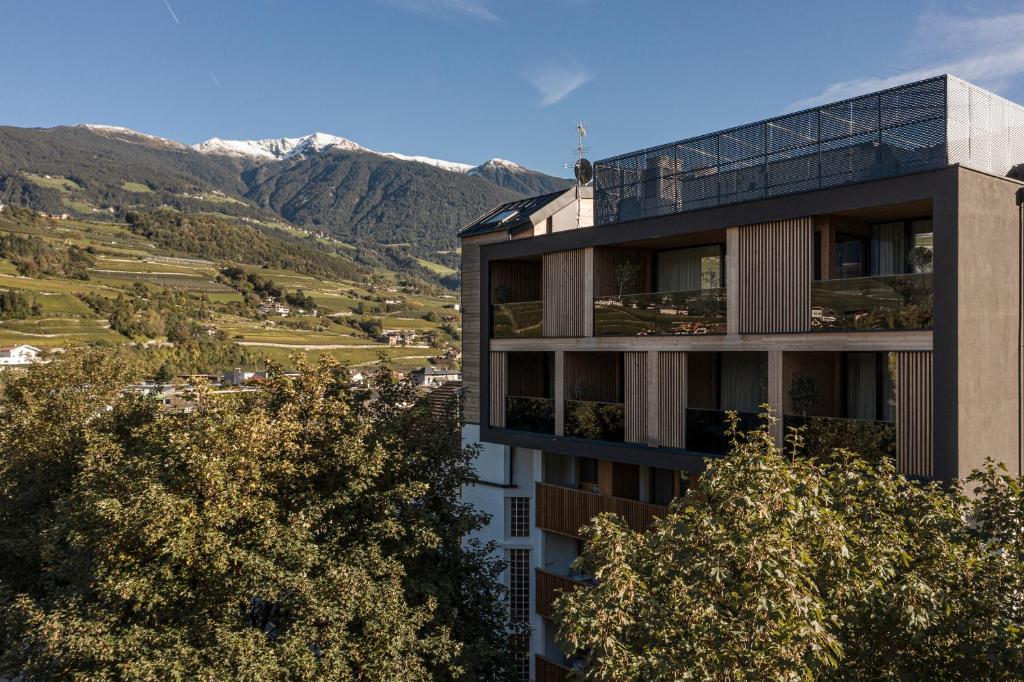 a building with a view of a mountain at Hotel Löwenhof in Bressanone