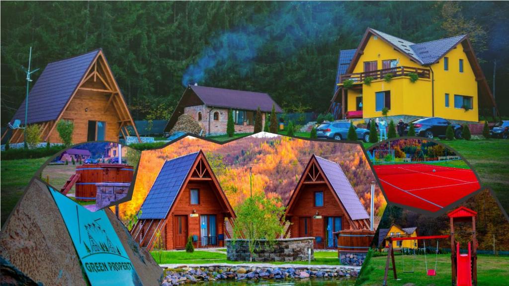 un dipinto di un gruppo di case in un campo di Green Property a Dofteana