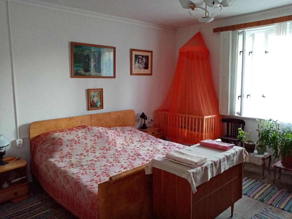1 dormitorio con 1 cama con edredón rojo en Vinyl House, en Strekov