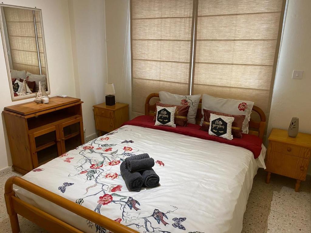 1 dormitorio con 1 cama con 2 almohadas en Larnaca Comfort Rooms, en Lárnaca