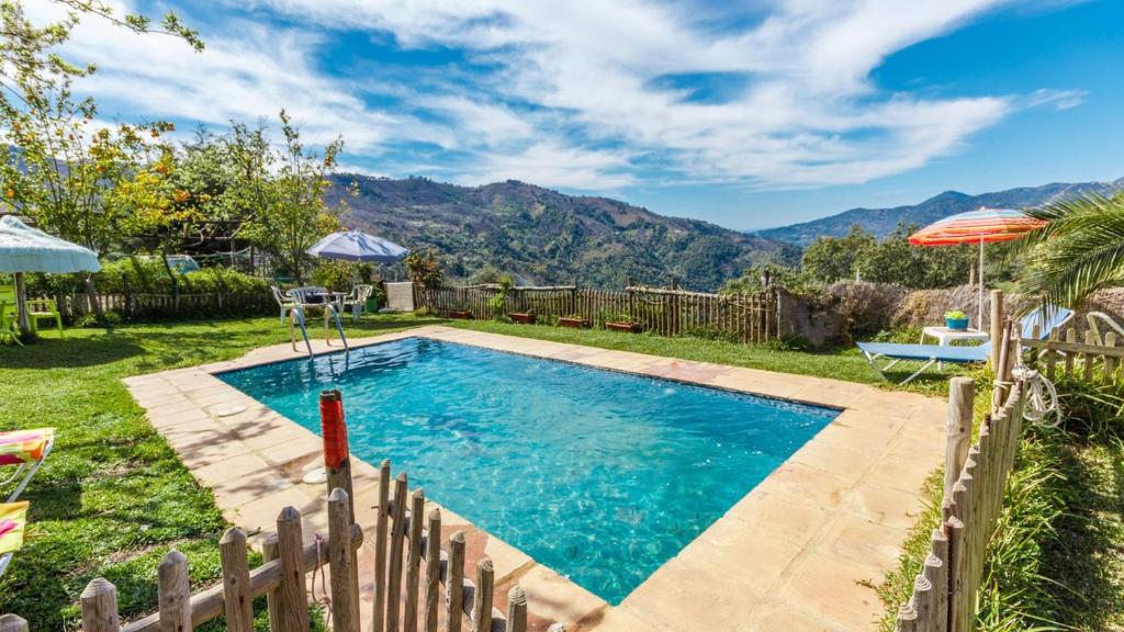 a swimming pool in a yard with a fence and an umbrella at Casa El Olivarito Jubrique by Ruralidays in Jubrique