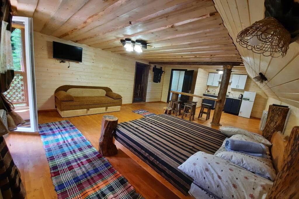 ein Wohnzimmer mit einem großen Bett und einem Sofa in der Unterkunft Студіо Номер 5 Садиба У Ані in Synewyrska Poljana