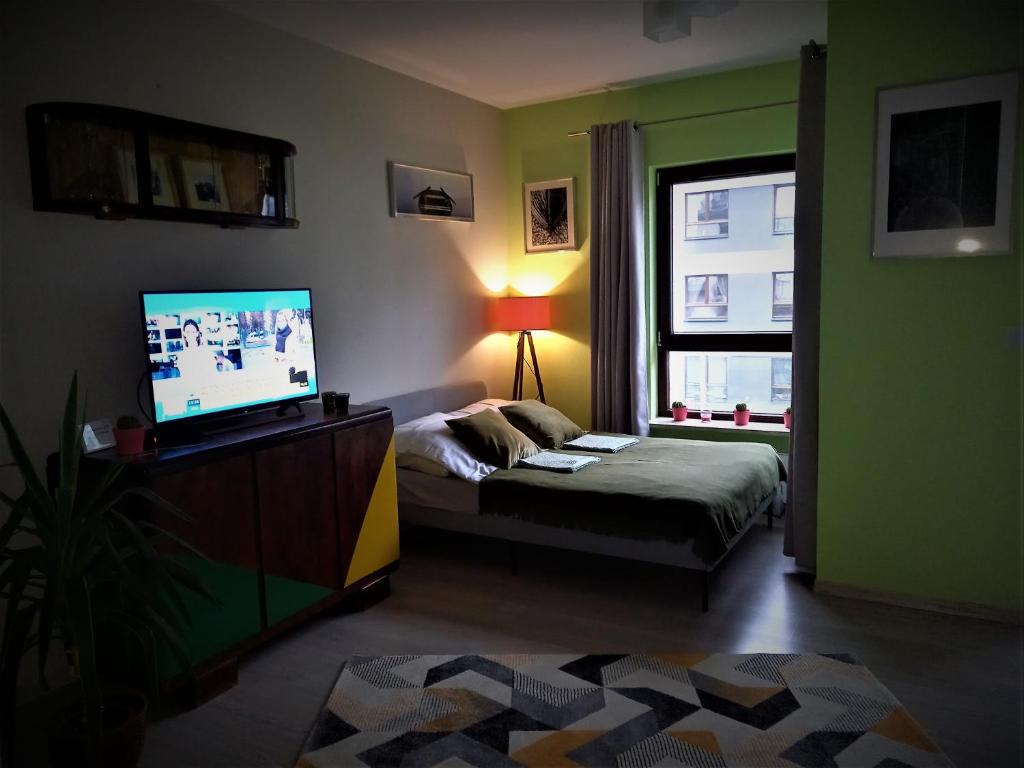 a bedroom with a bed and a television and a window at Sarmacka Green Apartment free parking in Warsaw