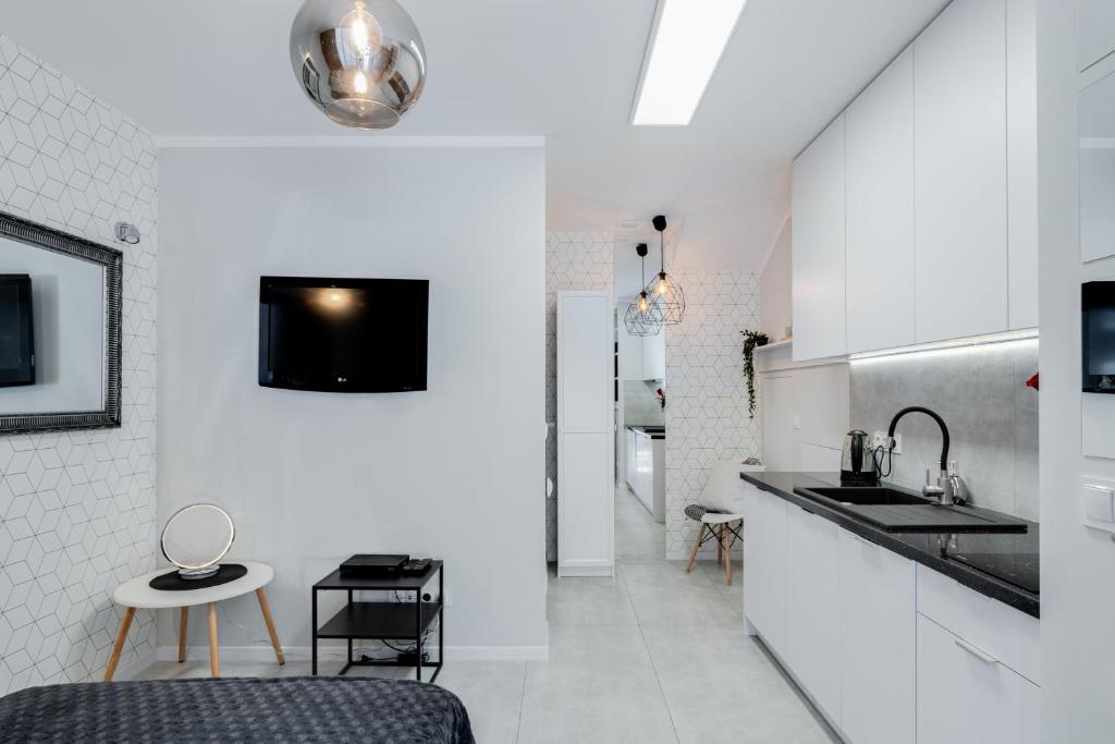 una cucina bianca con lavandino e bancone di Crystal Apartment Katowice IV a Katowice