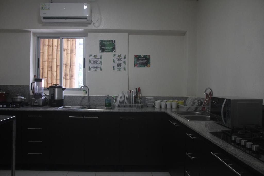 a kitchen counter with a sink and a window at Eden`s Garden Hostel in Panama City