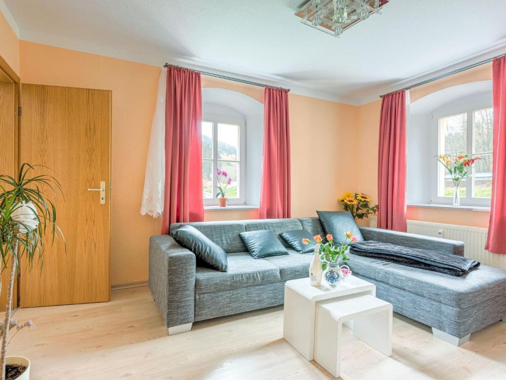 ein Wohnzimmer mit einem Sofa und roten Vorhängen in der Unterkunft Apartment in Rauschenbach Saxony near Forest in Neuhausen