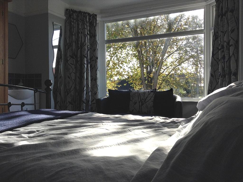 1 dormitorio con cama y ventana grande en Wickham House Apartment en Fremington