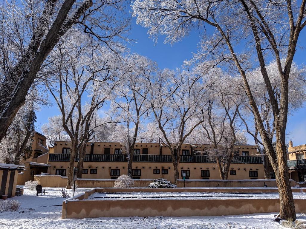 a building in the snow with trees in the foreground at Sagebrush Inn & Suites in Taos
