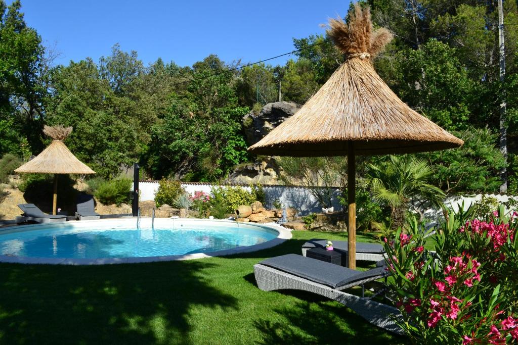 a swimming pool with a straw umbrella and chairs at Le Refuge in Mornas