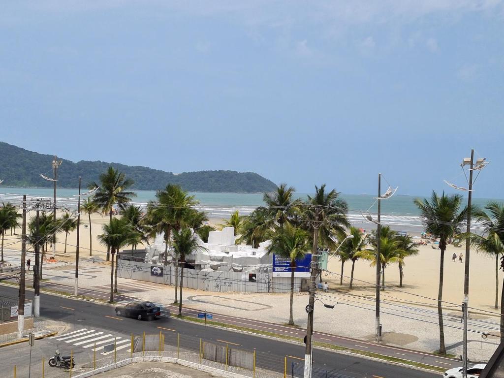 uma vista para uma praia com palmeiras e uma rua em Apartamento vista mar Praia Grande em Praia Grande