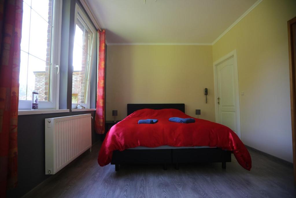 een slaapkamer met een rood bed met twee blauwe kussens bij B&B De l' Aisne in Durbuy