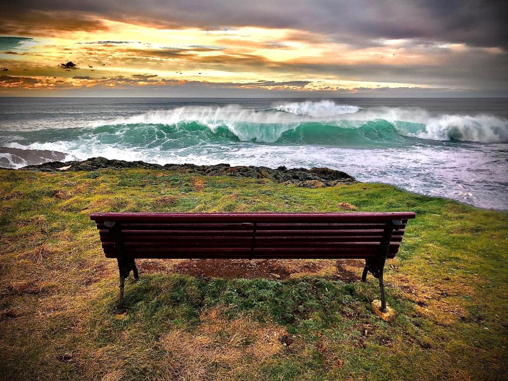 un banco sentado en el borde del océano en Apartamento La Caridad, en La Caridad