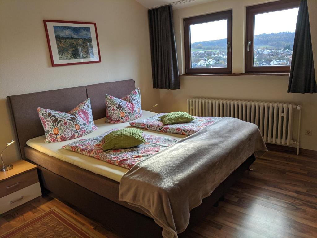 ポッペンハウゼンにあるHaus am Grasbergの枕2つが備わるドミトリールームのベッド1台分です。